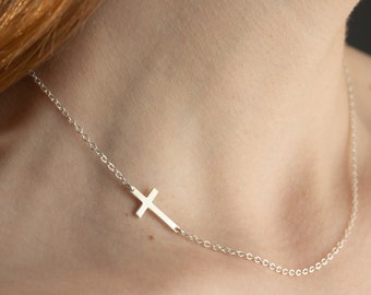 14K Gold Sideways Cross Necklace, Sideways Crucifix Necklace, Religious Jewelry, Baptism Gift, Christmas Gift,  Off Center Cross Pendant