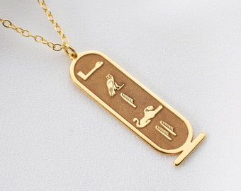 Collier cartouche égyptien en or 14 carats, bijoux prénom égyptiens personnalisés, pendentif cartouche personnalisé, bijoux hiéroglyphiques, collier symbole ancien