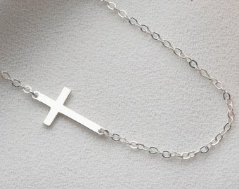 14K Gold Sideways Cross Necklace, Silver Crucifix Necklace, Religious Jewelry, Baptism Gift, Christmas Gift,  Off Center Cross Pendant