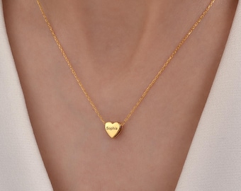 14K Gold Heart Charm Name Necklace, Engraved Heart Charm Necklace, Custom Family Necklace, Mothers Day Gift, Gift For Her, Grandma Necklace