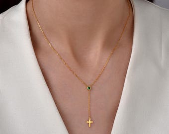 Birthstone Cross Lariat Drop Necklace, Dainty Y Necklace, Faith Gift for Her, Christmas Gift