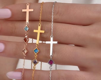 Sideways Cross Birthstone Necklace, Personalized Faith Jewelry, Gift for Her, Christmas Gift, Gift for Mom
