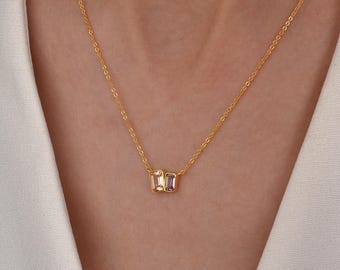 Toi et Moi Baguette Necklace, Emerald Cut Birthstone Pendant, Personalized Family Gemstone Jewelry, Anniversary Gift, Gift for Her