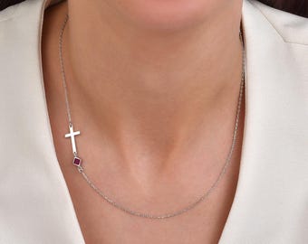 Sideways Cross Birthstone Necklace, Personalized Faith Jewelry, Gift for Her, Christmas Gift, Gift for Mom