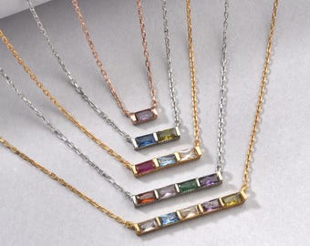 Baguette Birthstone Bar Necklace, Custom Family Gemstone Jewelry, Gift for Mom