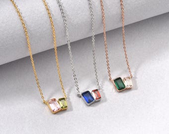 Toi et Moi Baguette Necklace, Emerald Cut Birthstone Pendant, Personalized Family Gemstone Jewelry, Anniversary Gift, Gift for Her