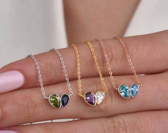 Toi et Moi Heart Necklace, Couple Birthstone Pendant, Romantic Jewelry, Anniversary Gift for Wife, Gift for Her