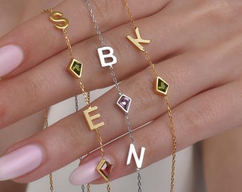 Custom Sideways Initial Birthstone Necklace – Personalized Name Jewelry - Mothers Day Gift