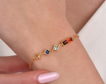 Personalized Birthstone Bracelet, Princess & Baguette Gemstone Jewelry, Gift for Mom