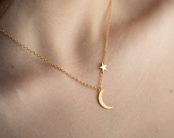 Mismatched Moon Star Charm Necklace - Celestial Theme Pendant  - Mothers Day Gift - Christmas Gift