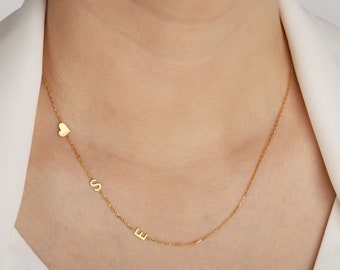 Collar inicial de oro - Collar de letras laterales - Collar de nombre de plata personalizado -Regalos de joyería personalizados - Regalos de Navidad - Regalos para ella