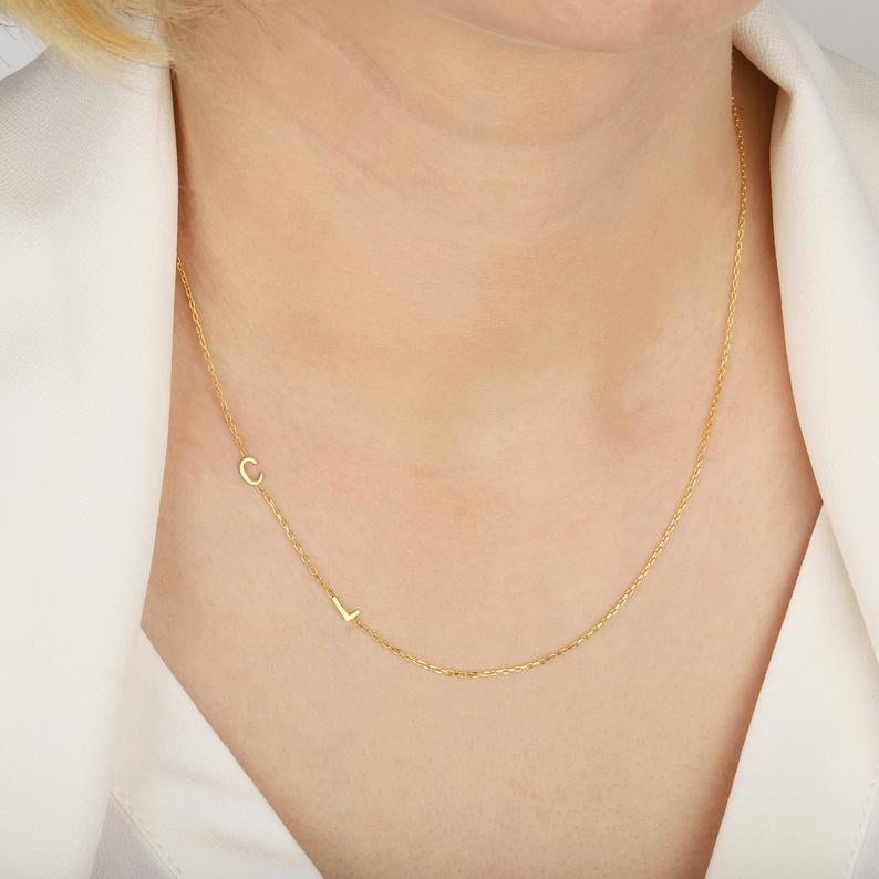 14k Solid Gold Initial Necklace Sideways Custom Letter Etsy