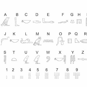 May include: A black and white image of the ancient Egyptian hieroglyphic alphabet. The alphabet includes letters A through Z and numbers 1 through 9. Each letter and number is represented by a unique symbol.