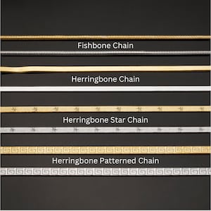 May include: A close-up of six different types of gold and silver chains. The chains are labelled "Fishbone Chain", "Herringbone Chain", "Herringbone Star Chain", and "Herringbone Patterned Chain".
