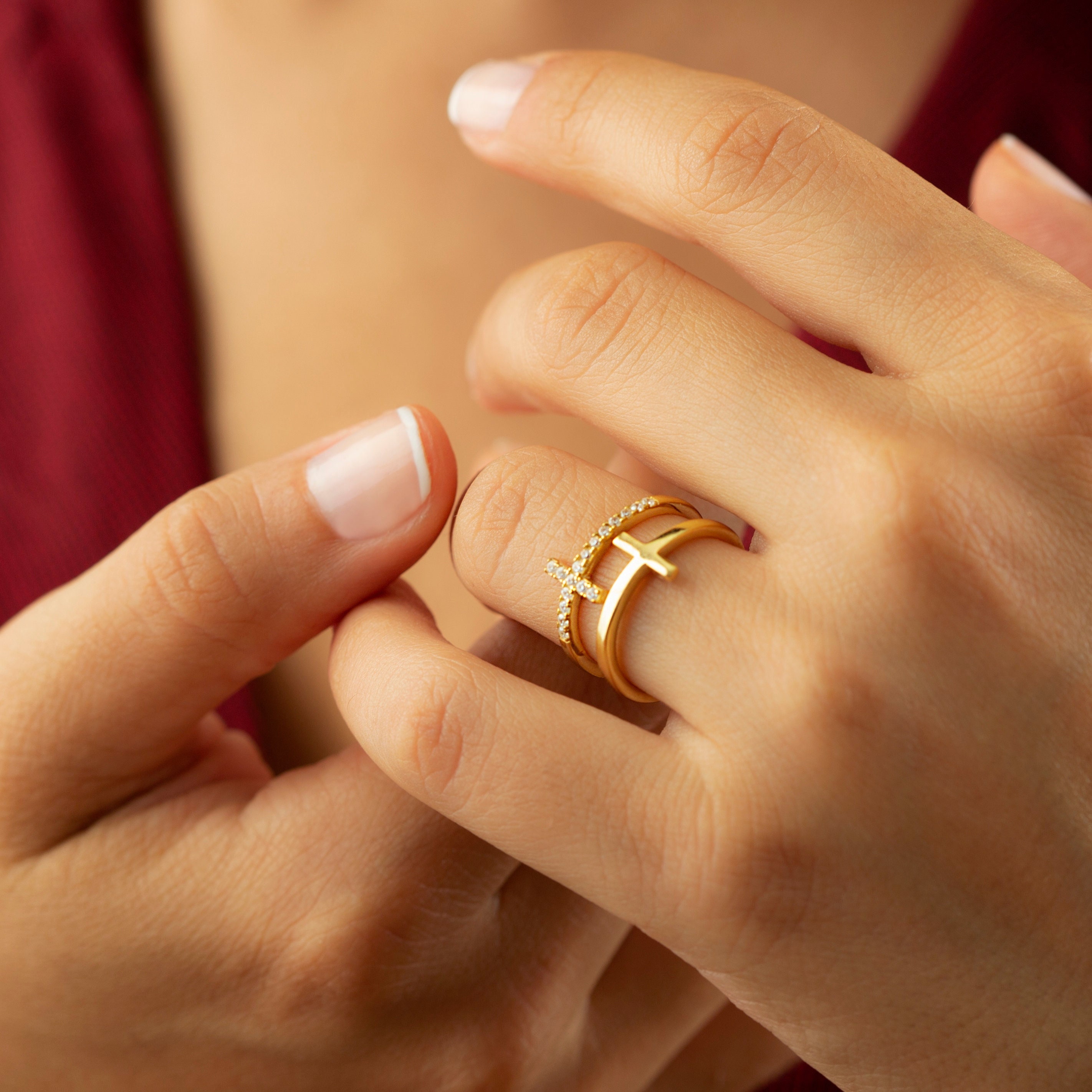Double Cross Ring with Cubic Zirconia and Polished Crosses Stacked Double Cross Ring with Cubic Zirconia and Polished Crosses Stacked