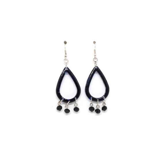 Modern Teardrop Boho Earrings, Navy Blue Resin and Black Crystals