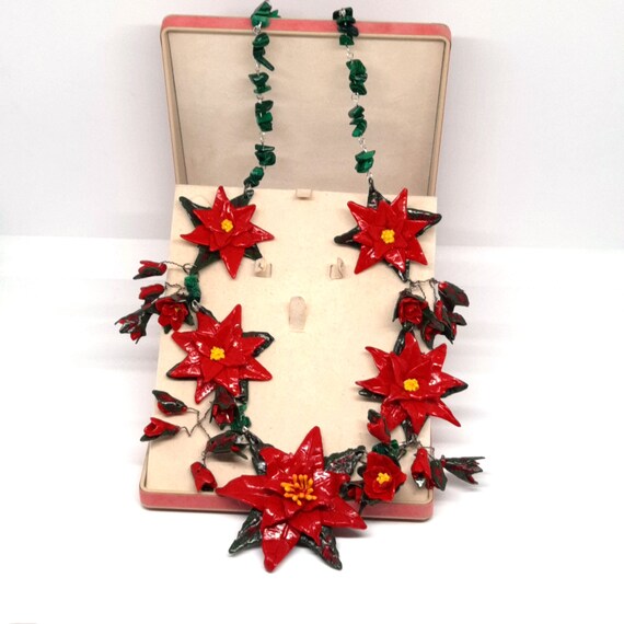 Poinsettia with Malachite Statement Necklace, Bohemian Red Floral Jewelry