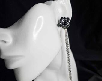 Night Rose Earrings Stud: Flowing Asymmetrical Chain - Polymer Clay Black Earrings