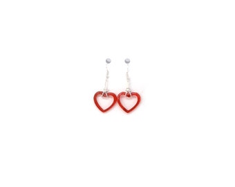 Boho Red Hoop Hearts Earrings Dangle With Clear Resin UV, Modern Jewelry, Gift For Her