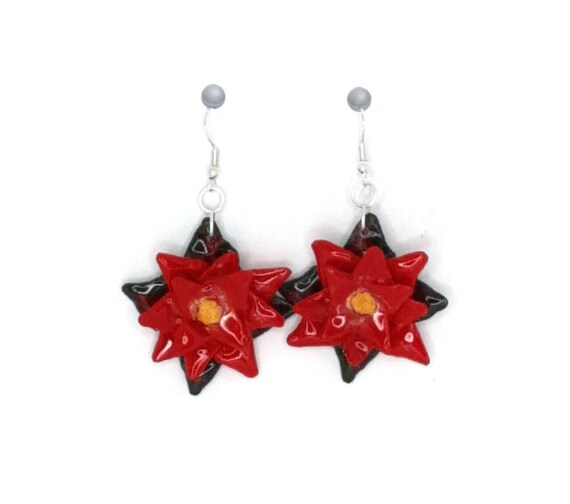 Statement Clay Earrings With Poinsettia Flowers, Bohemian Red Flower Jewelry, Limited edition