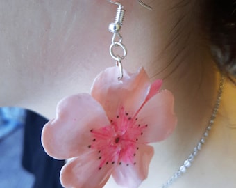 Big Pink Sakura Oversized Floral Earrings Polymer Clay