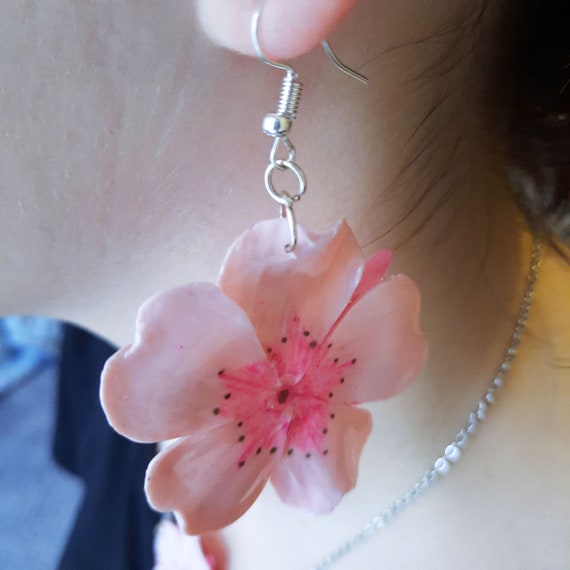 Big Pink Sakura Oversized Floral Earrings Polymer Clay