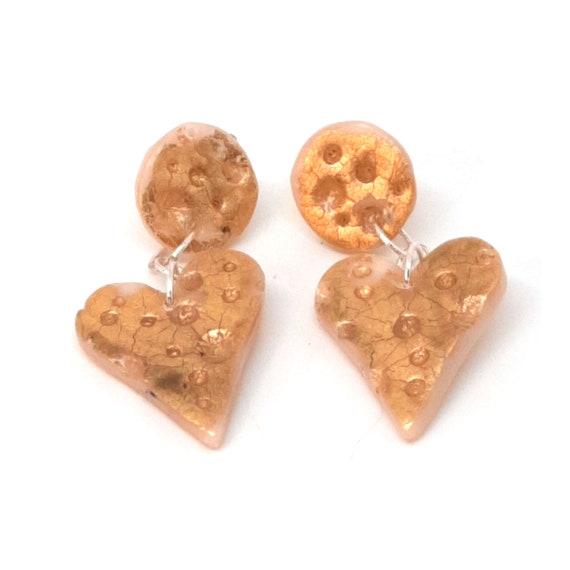 Gold and Champagne Clay Hearts Statement Earrings Stud, Bohemian Jewelry, Gift For Her