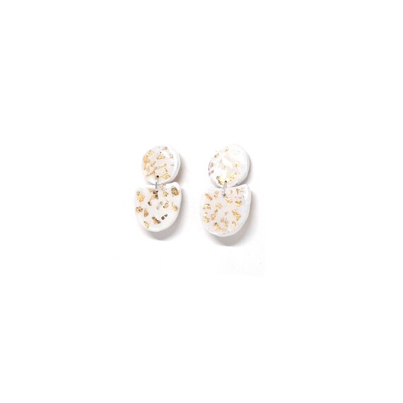 Boho Modern Statement Earrings Stud Clay White With Gold Flakes. Geometric Jewelry, Christmas Gifts For Her