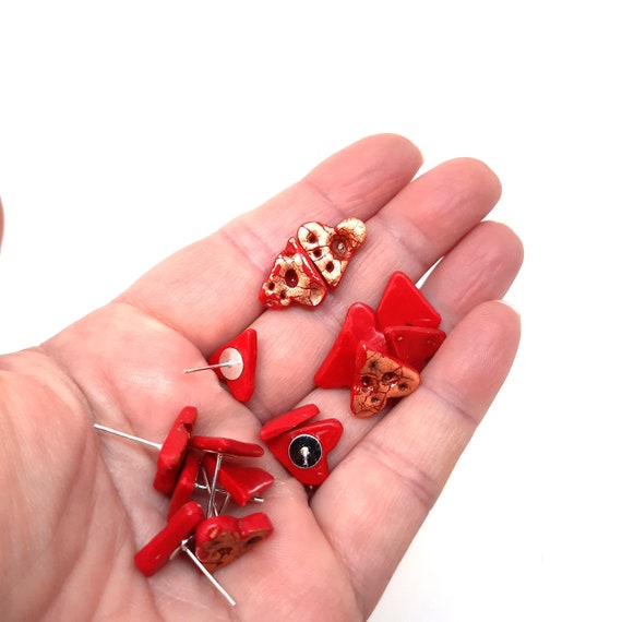 Stylish Minimalist Jewellery: Small Stud Clay Earrings With Red Hearts,