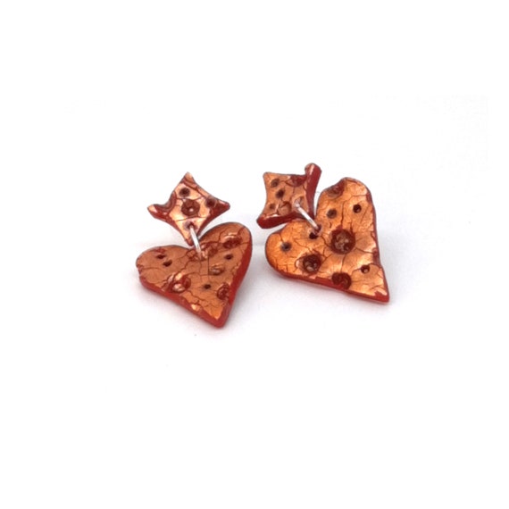 Copper Foil and Red Clay Hearts Statement Earrings Stud, Bohemian Jewelry, Gift For Valentine's Day