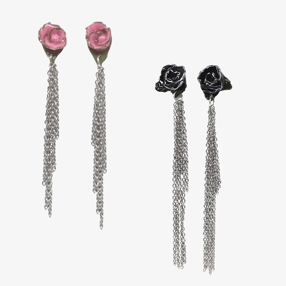 Unique Long Chain Drop Stud Earrings with Clay Roses