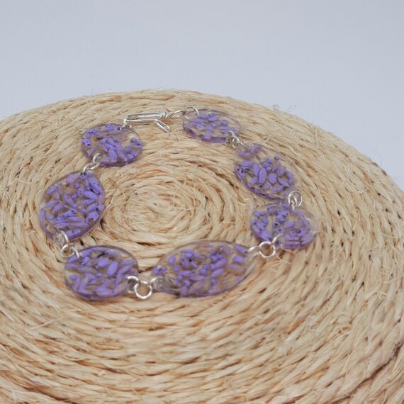 Unique Modern Aesthetic Bracelet with Clear Resin and Purple Seeds