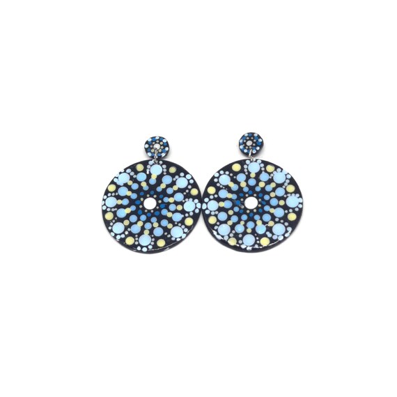 Large blue stud earrings polymer clay with painted mandala, Round earrings, Aesthetic earrings, Oversized earrings, Casual earrings
