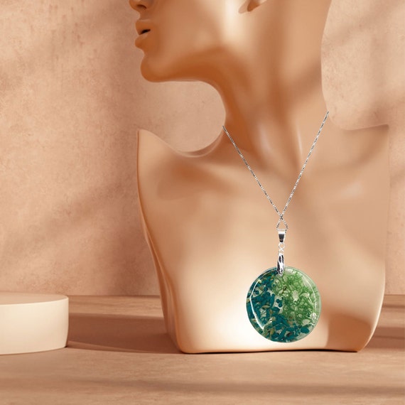 Handmade Resin Pendant Filled with Green Colorful Seeds and Icelandic Moss - Unique Jewel, Modern Jewellery, Statement Pendant