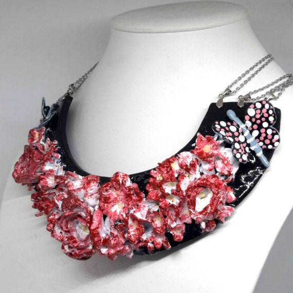 Polymer clay statement choker necklace with flowers and butterflies