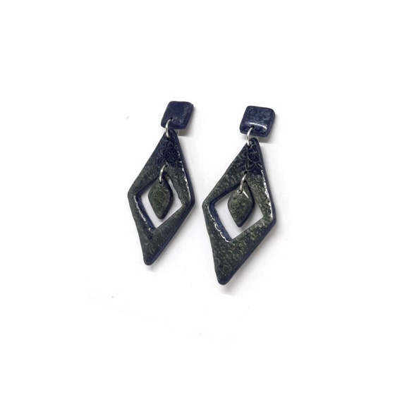 Modern statement cut diamond earrings, navy blue in two tones sprinkled with powder