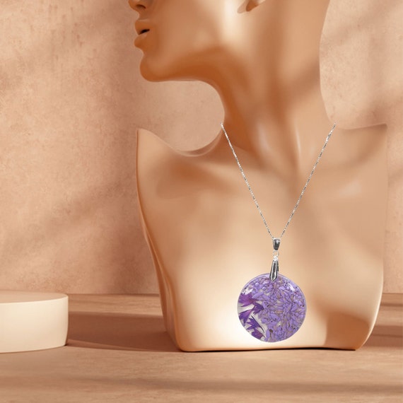 Unique Handmade Resin Pendants Filled With Purple Coloured Seeds And Dried Flowers, Modern Jewelry, Stylish Pendant