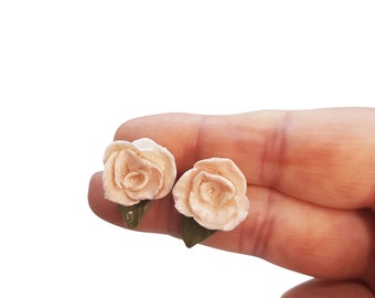 Stud Earrings with White Roses Clay