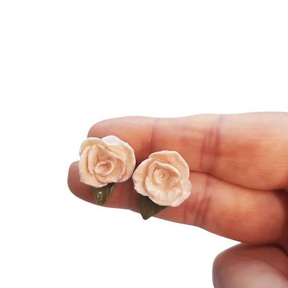 Stud Earrings with White Roses Clay