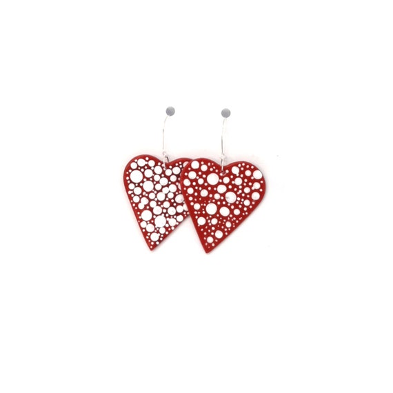 Boho Statement Red Clay Big Hearts Earrings Painted With White Dots - Perfect for Making a Statement, Modern Jewelry, Valentine's Day Gift