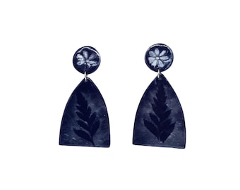 Navy Blue Clay Statement Earrings for the Modern Woman, Textured earrings with natural leaves