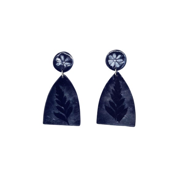 Navy Blue Clay Statement Earrings for the Modern Woman, Textured earrings with natural leaves
