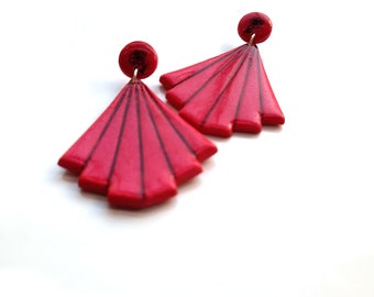 Red Fan Stud Earrings with Polymer Clay, Statement Earrings, Modern Design Jewellry, Geometric Earrings