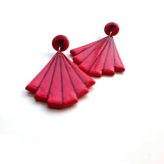 Red Fan Stud Earrings with Polymer Clay, Statement Earrings, Modern Design Jewellry, Geometric Earrings