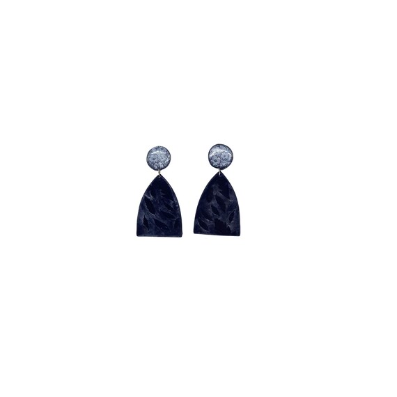 Statement comfortable earrings navy blue clay with textured leaves, Modern jewelry suitable for gift