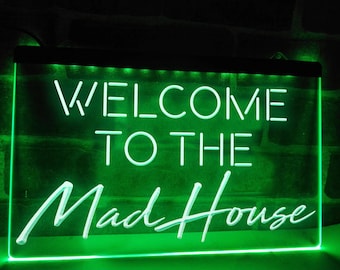 Welcome to the Mad House LED Neon Illuminated Bar Sign Home Bar Décor Home bar Lights Lamp