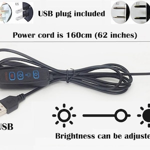 May include: A black USB cable with a control switch and a 5V USB plug. The cable is 160cm (62 inches) long. The control switch has three buttons for adjusting the brightness of a light. The text "USB plug included" and "Power cord is 160cm (62 inches)" is visible in the image.