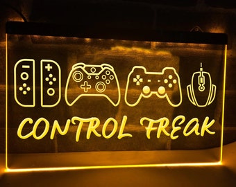 Control Freak LED Sign Neon Illuminated Gameroom Sign Gamer Decor Game Room Lights Gaming Light