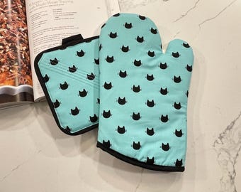 Ready to Ship. Teal Black Cats Kittens. Oven Mitts, Potholders, Pot Handle Cover Sets. Thick Quilted. Gift Sets.