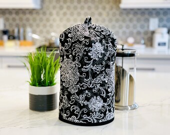 Ready to Ship. Black Floral Swirls. Coffee Cosy. Bodum Press Warmer. Foam Padded Cozy Covers. Heat Insulated. Silver Charm.